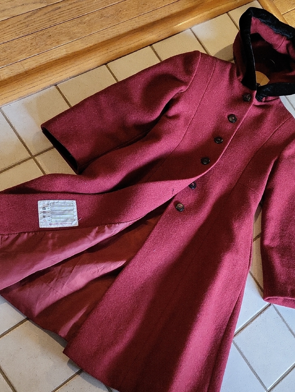 Girls Burgundy Wool Coat with Velvet Trim